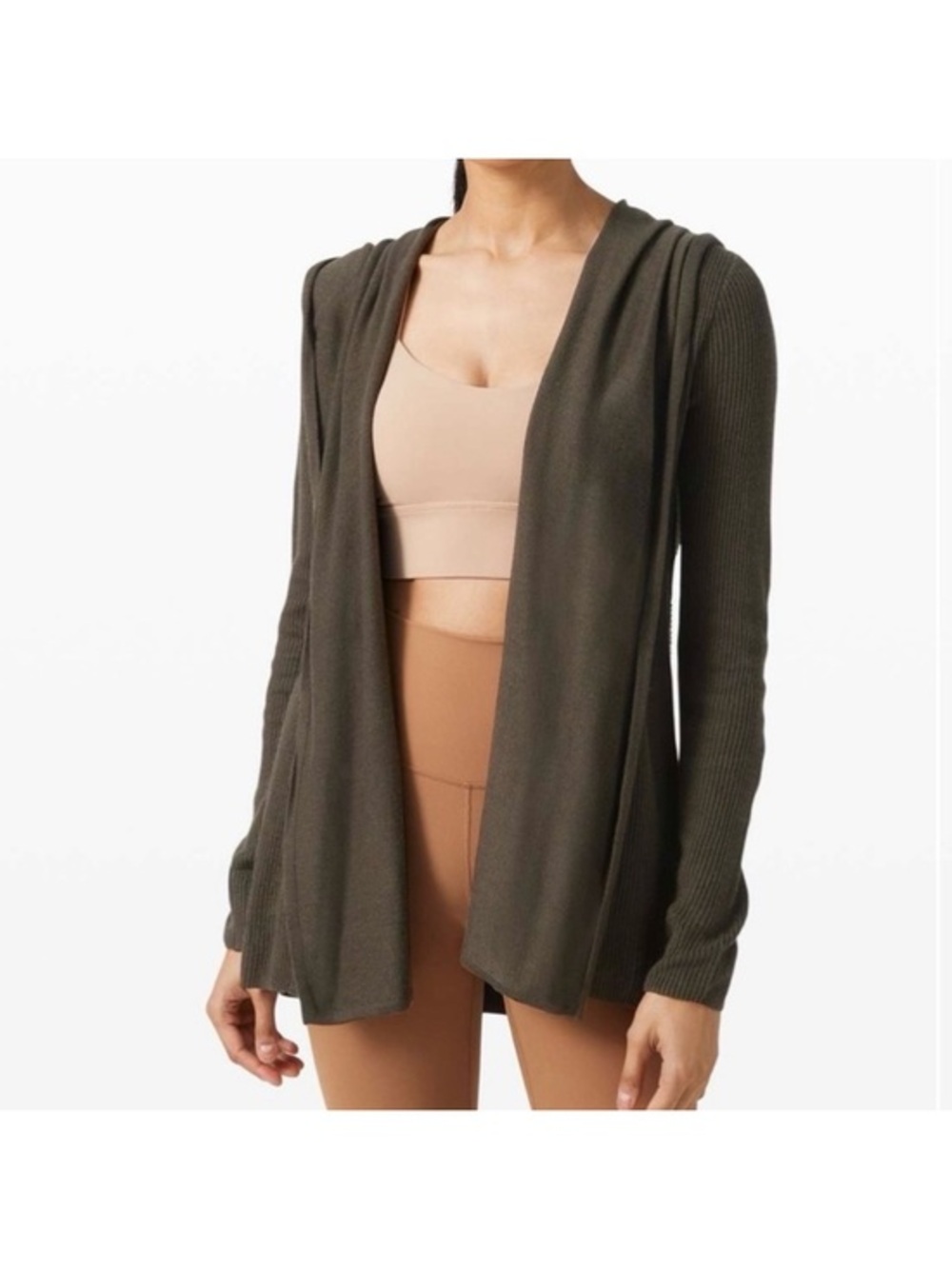 Lululemon Sundown Sweater Wrap Dark Olive Green Cashmere Blend Hood Size 10